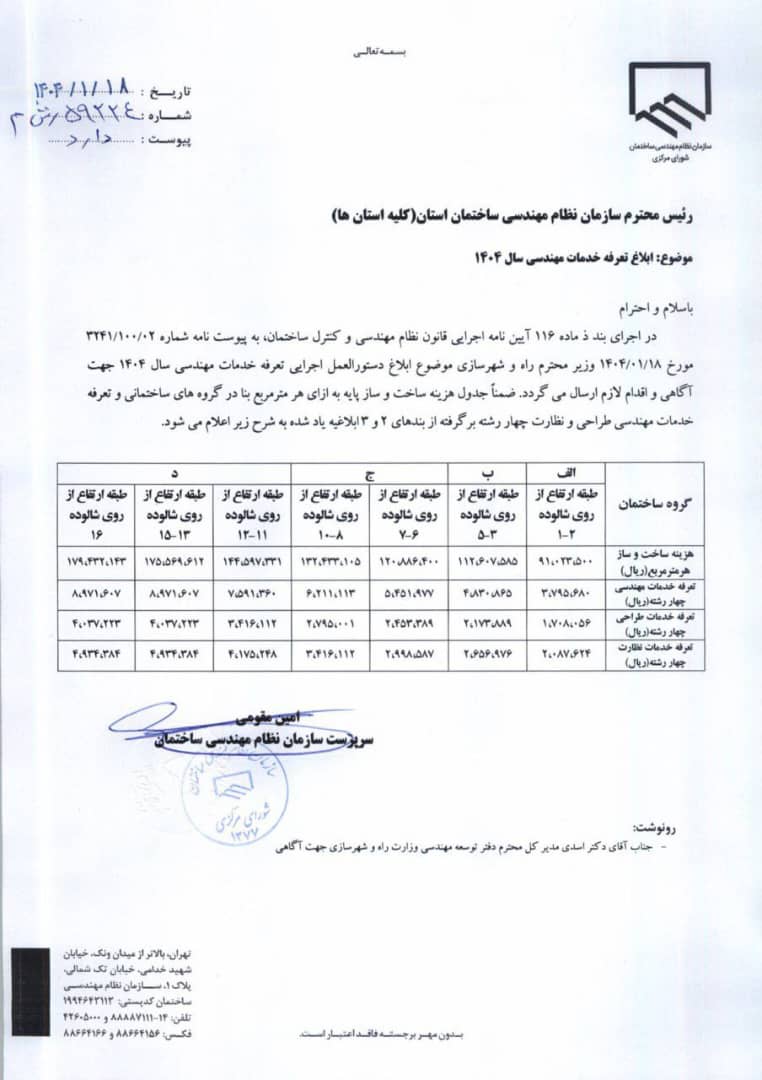 تعرفه خدمات مهندسی سال 1404